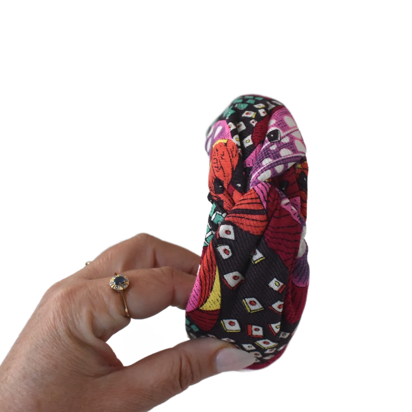 Luxury Silk & Wool Blend Twisted or Knot Alice band in Vintage red multi graphic Liberty of London