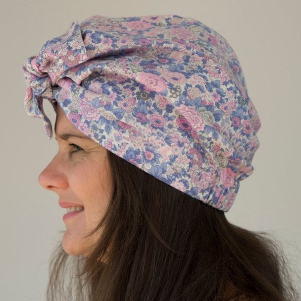 Ladies Turban Hat - Pink and Blue Winter Rose Floral Liberty of London - Tot Knots of Brighton