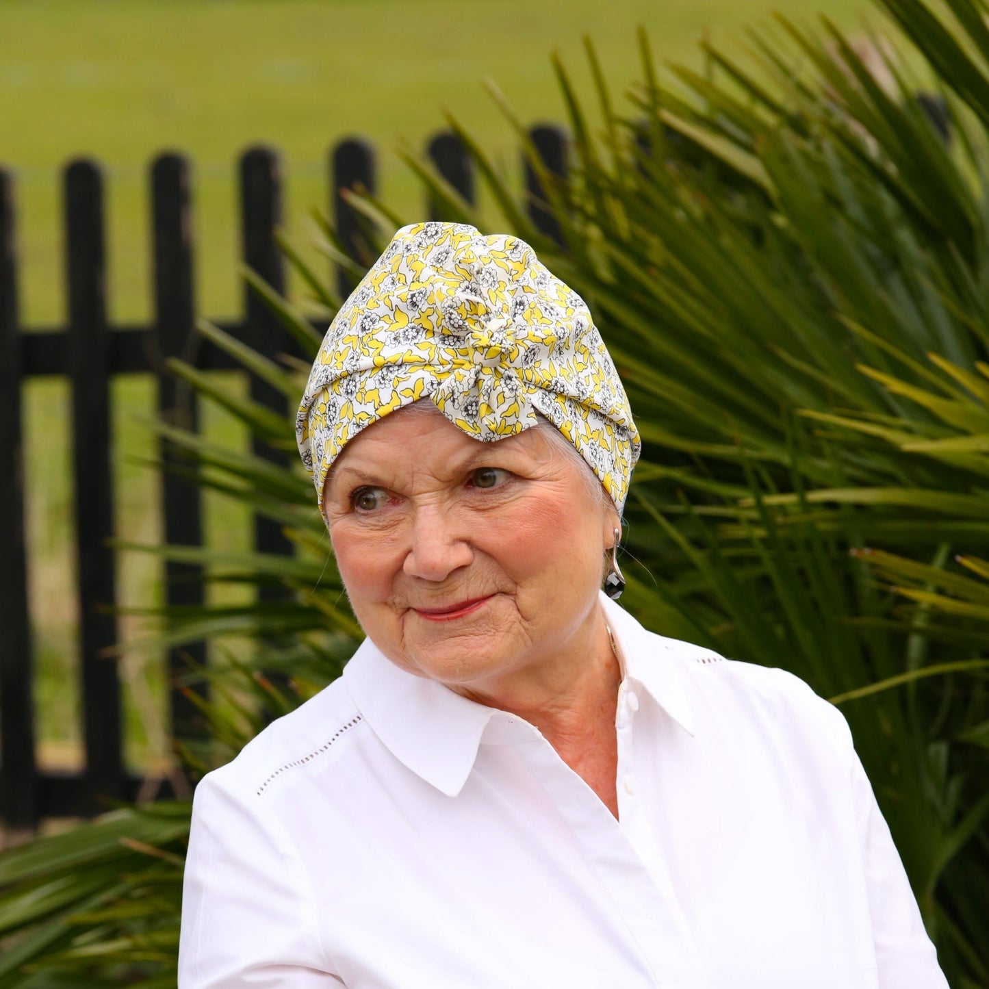 Ladies Turban Hat - Liberty of London Yellow and Black Floral Dinisty - Tot Knots of Brighton