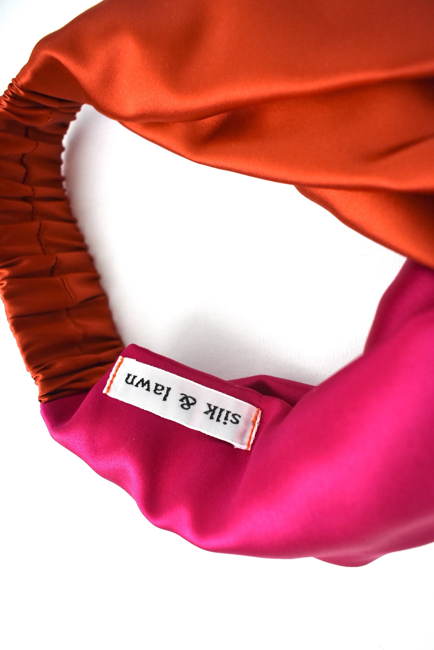 Pure Silk Burnt Orange and Fuchsia Pink Split Twisted Turban hairband and neck scarf in Mulberry Silk - 100% Pure Silk-Satin