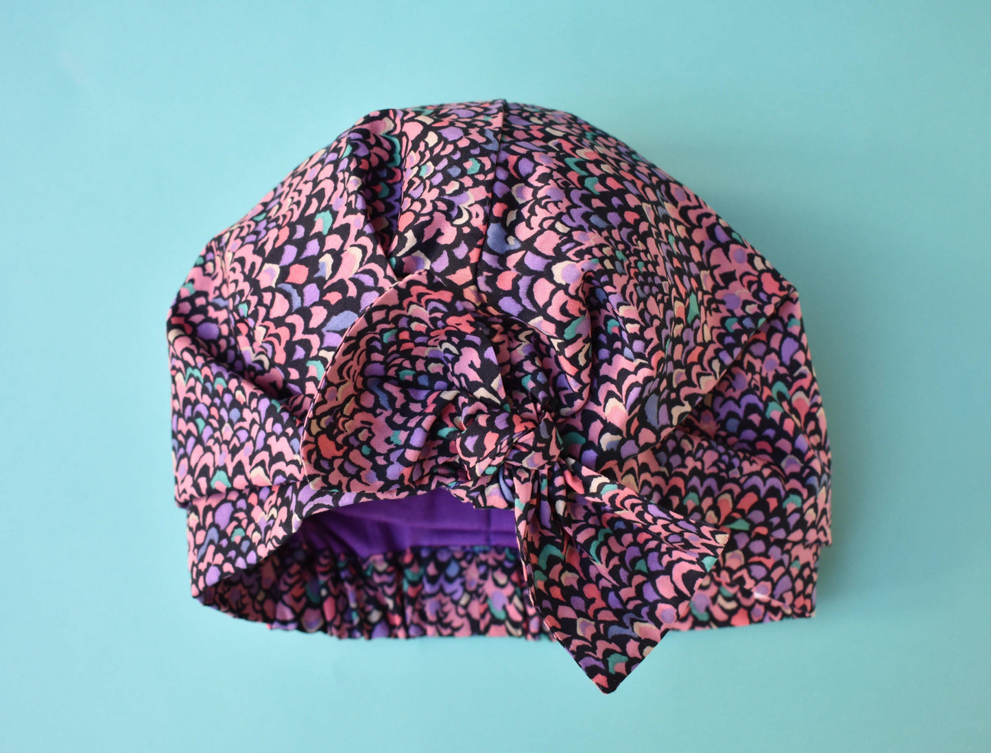 Ladies Turban Hat - Purple Feather Lantana Adriatic Liberty of London print