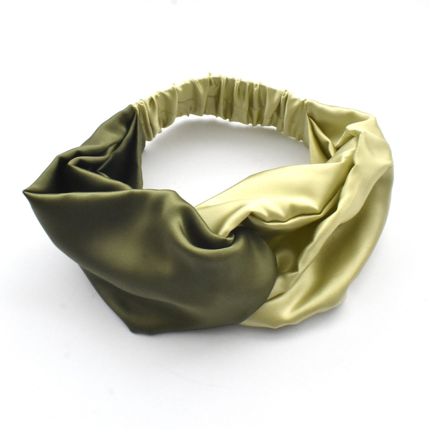 Two tone Moss and Lime Green Split Twisted Turban hairband and neck scarf in Mulberry Silk - 100% pure silk satin