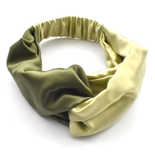 Two tone Moss and Lime Green Split Twisted Turban hairband and neck scarf in Mulberry Silk - 100% pure silk satin