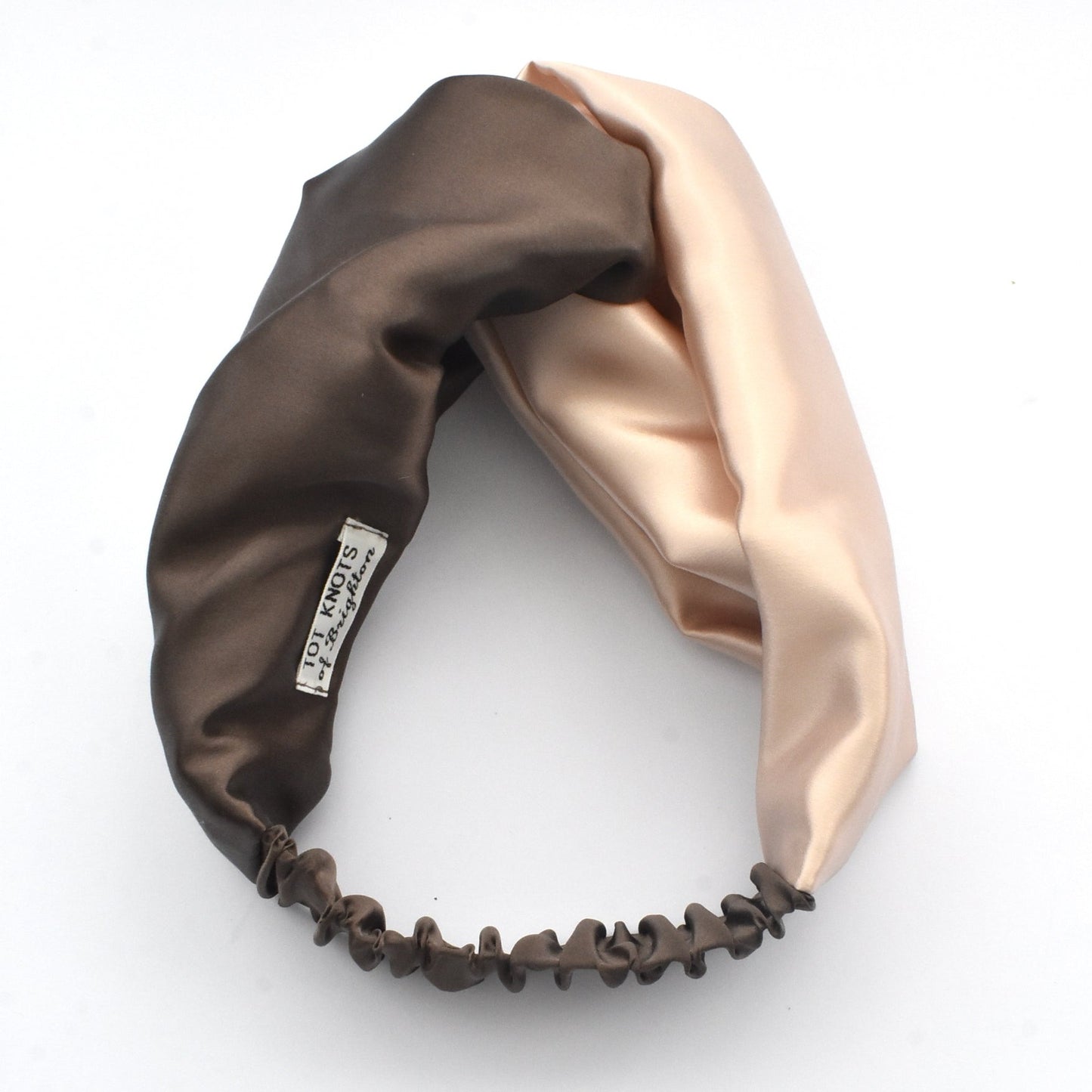 Neutral Blush Pink and Brown Split Twisted Turban hairband and neck scarf in Mulberry Silk - 100% pure silk satin
