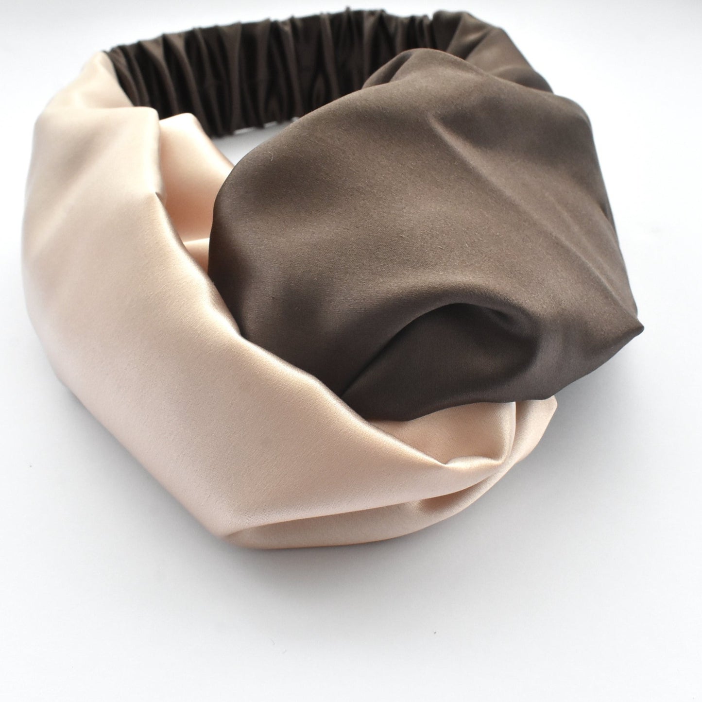 Neutral Blush Pink and Brown Split Twisted Turban hairband and neck scarf in Mulberry Silk - 100% pure silk satin