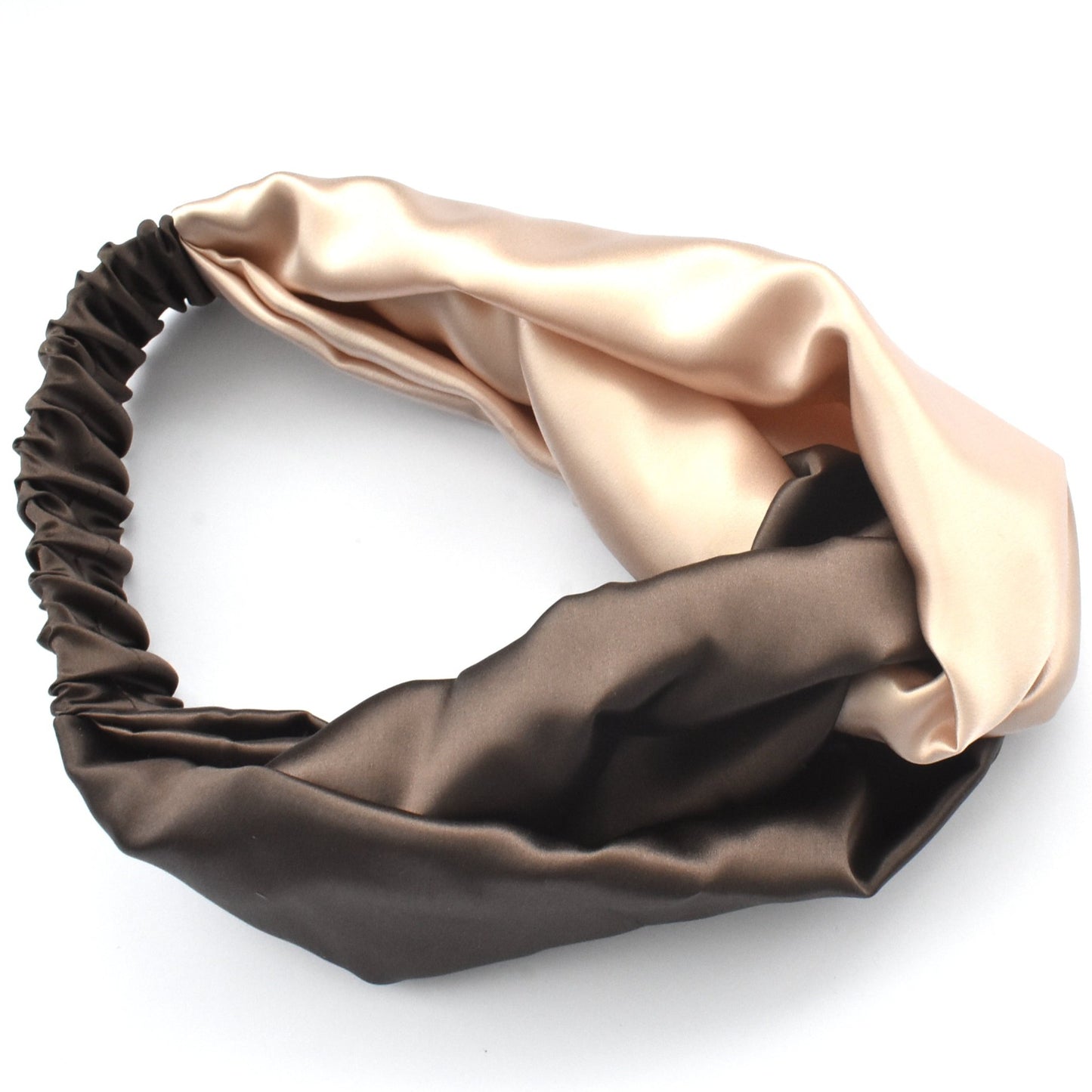 Neutral Blush Pink and Brown Split Twisted Turban hairband and neck scarf in Mulberry Silk - 100% pure silk satin