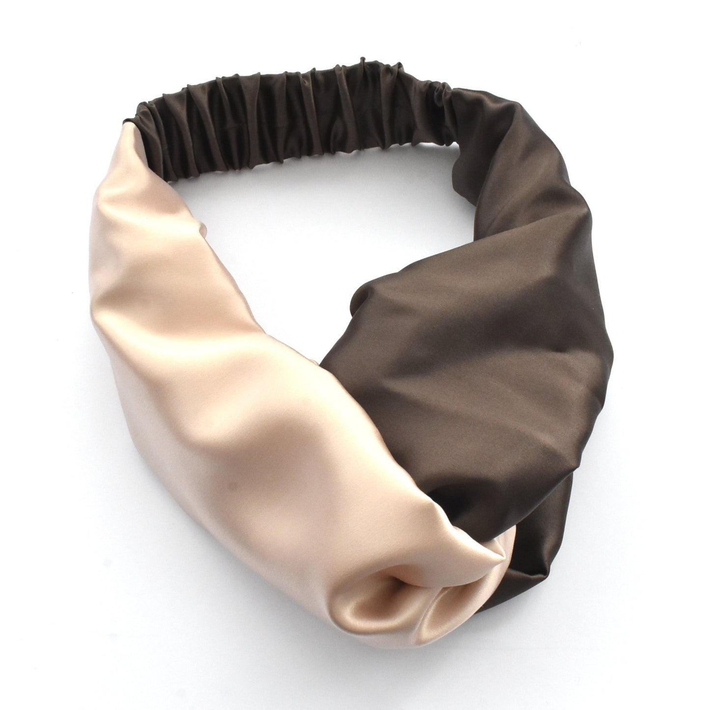 Neutral Blush Pink and Brown Split Twisted Turban hairband and neck scarf in Mulberry Silk - 100% pure silk satin