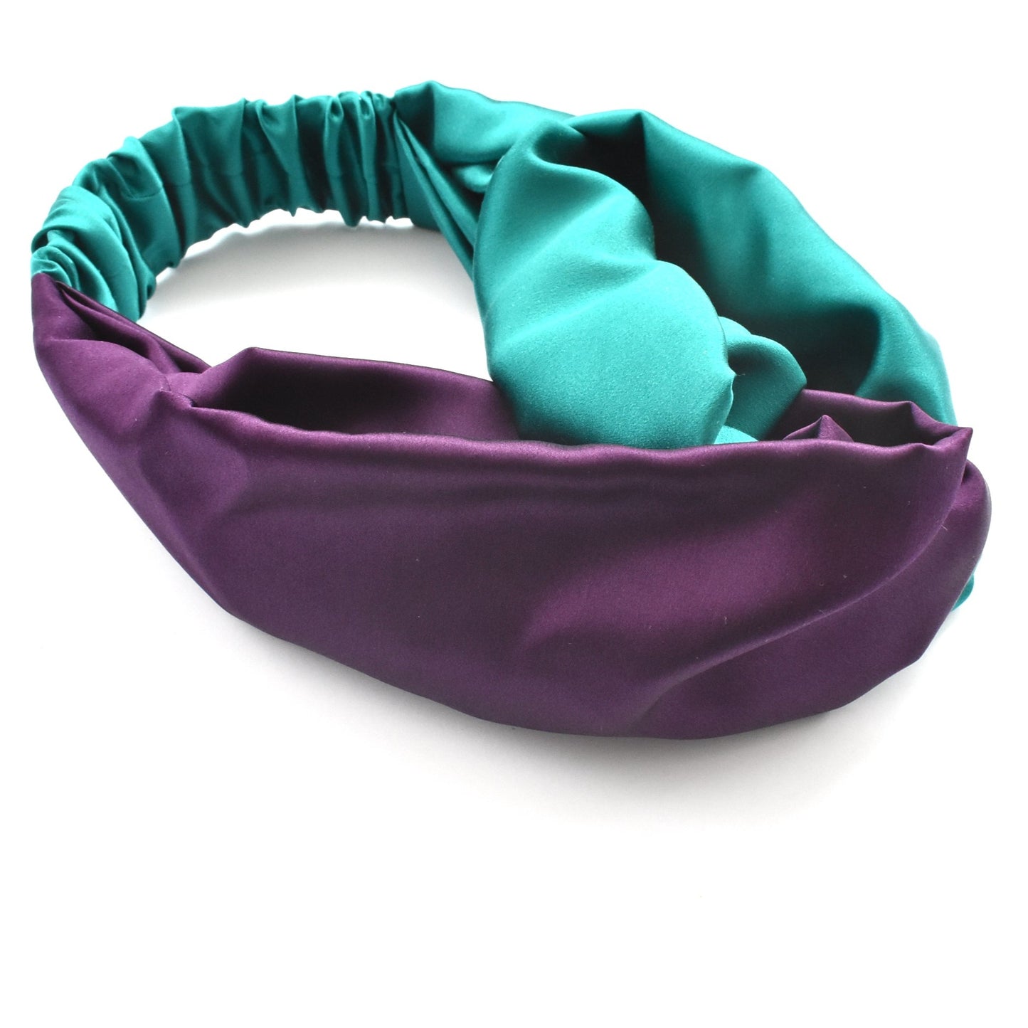 Aubergine & Turquoise Split Twisted Turban hairband and neck scarf in Mulberry Silk - 100% pure silk satin