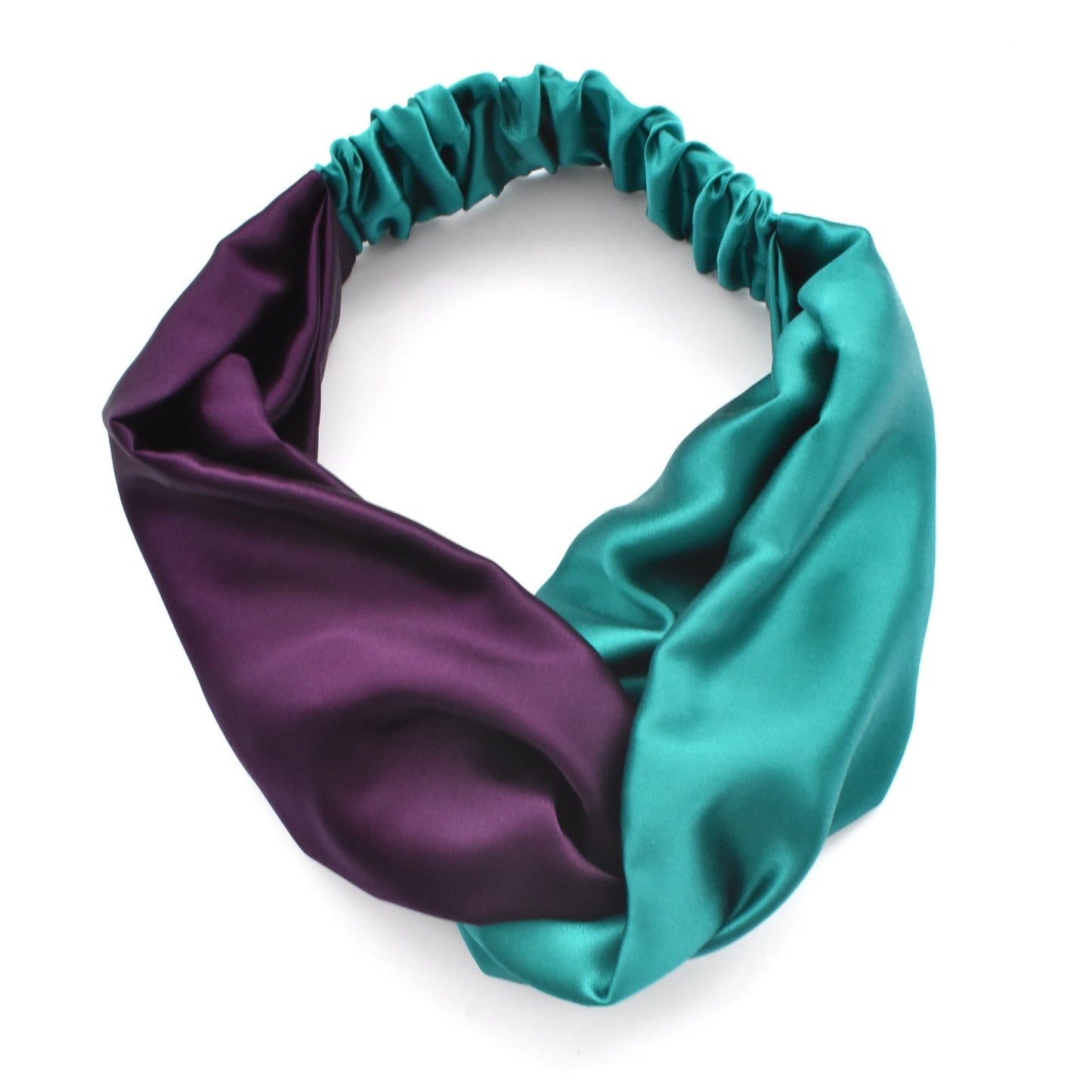 Aubergine & Turquoise Split Twisted Turban hairband and neck scarf in Mulberry Silk - 100% pure silk satin