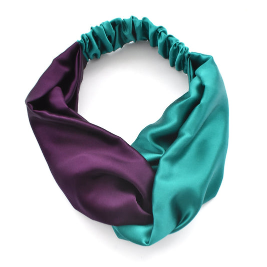 Aubergine & Turquoise Split Twisted Turban hairband and neck scarf in Mulberry Silk - 100% pure silk satin
