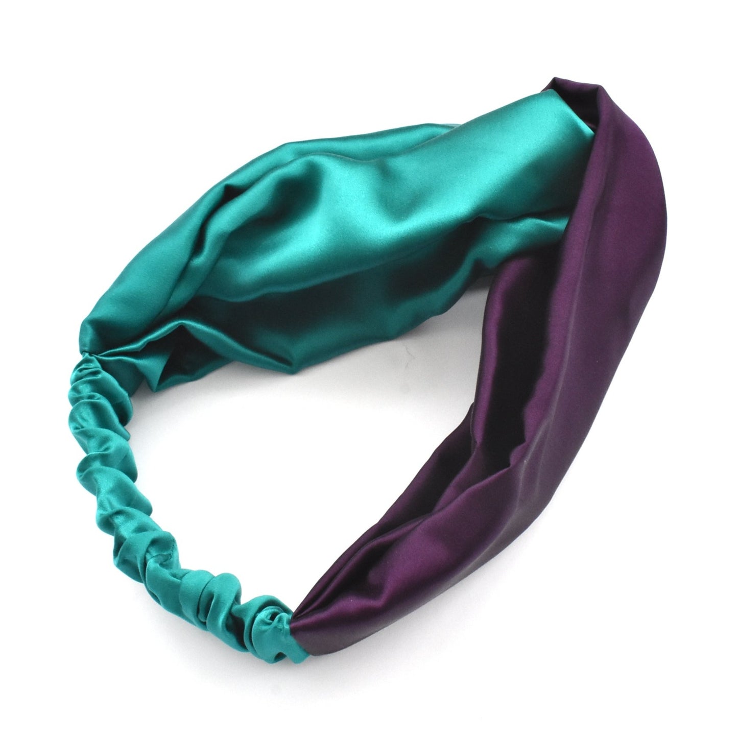 Aubergine & Turquoise Split Twisted Turban hairband and neck scarf in Mulberry Silk - 100% pure silk satin