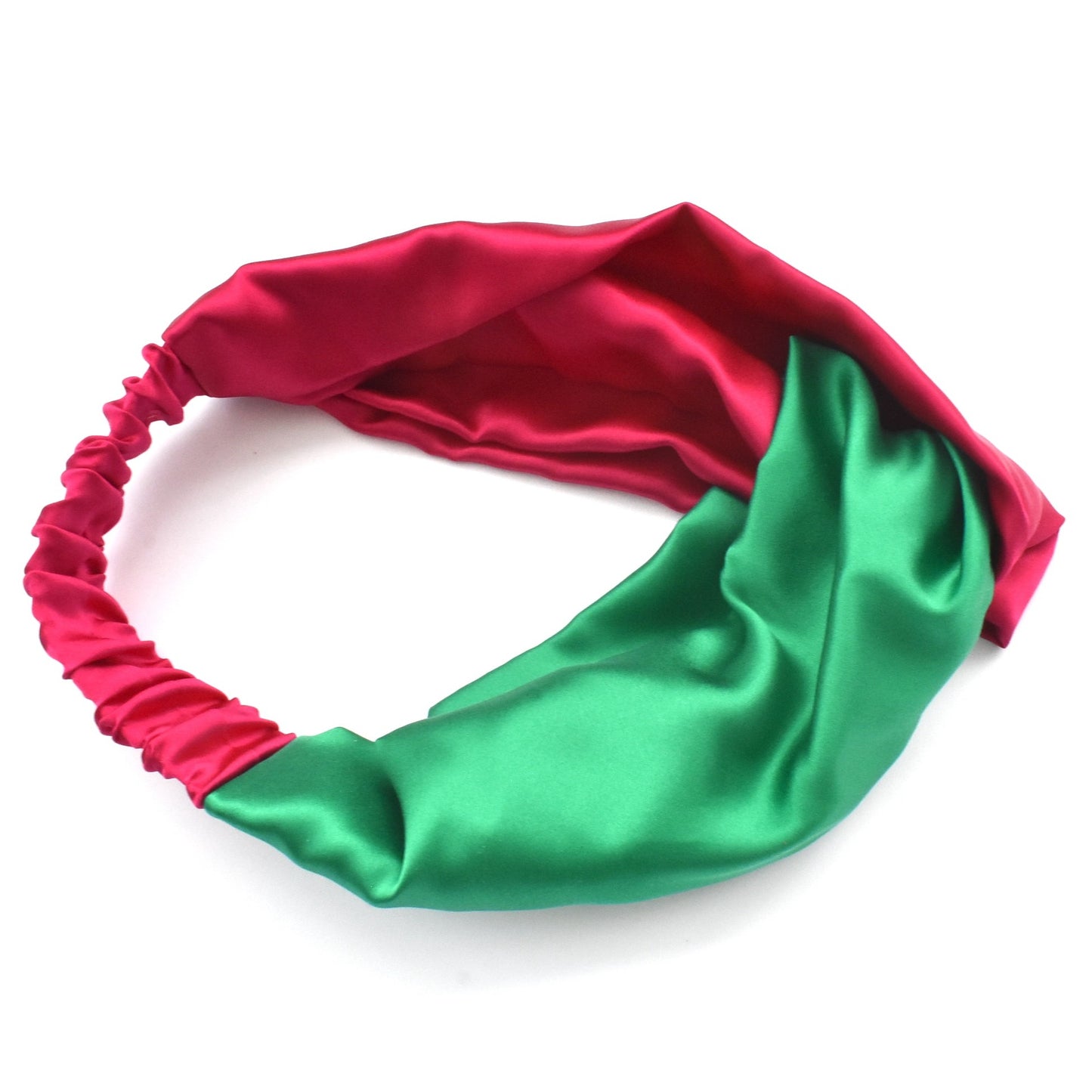 Green and Fuchsia Pink Split Twisted Turban hairband and neck scarf in Mulberry Silk - 100% pure silk satin