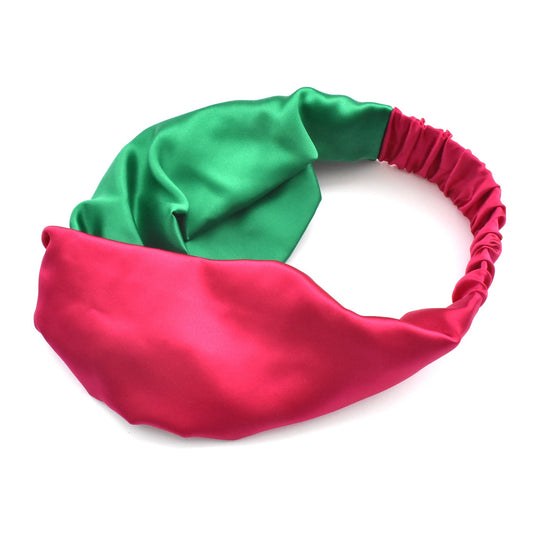 Green and Fuchsia Pink Split Twisted Turban hairband and neck scarf in Mulberry Silk - 100% pure silk satin