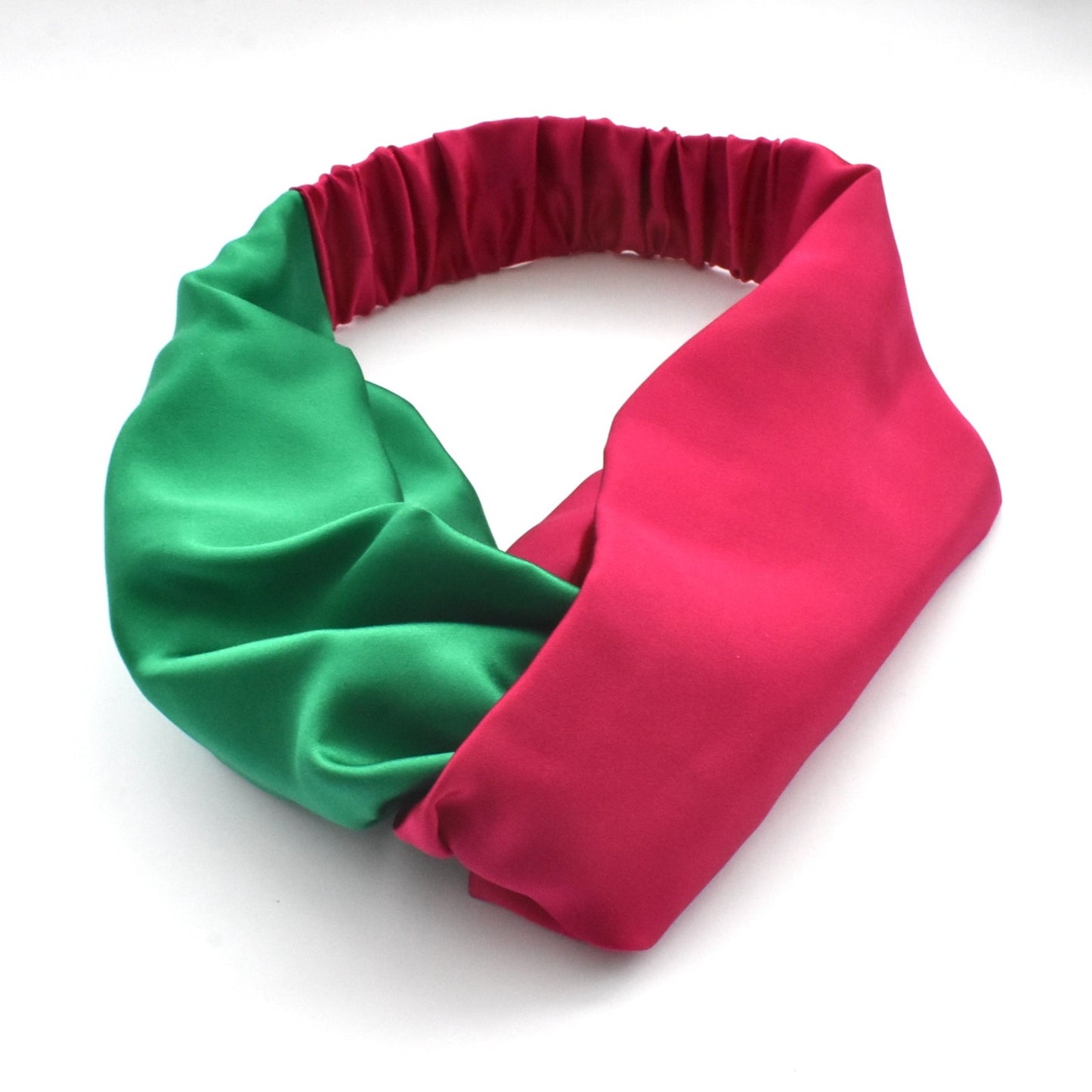 Green and Fuchsia Pink Split Twisted Turban hairband and neck scarf in Mulberry Silk - 100% pure silk satin