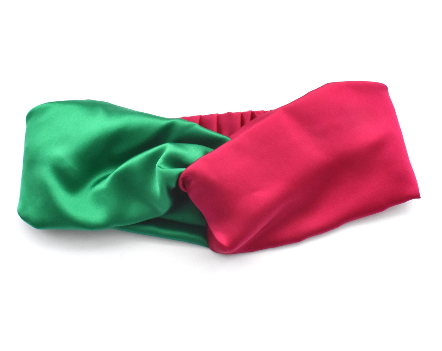 Green and Fuchsia Pink Split Twisted Turban hairband and neck scarf in Mulberry Silk - 100% pure silk satin