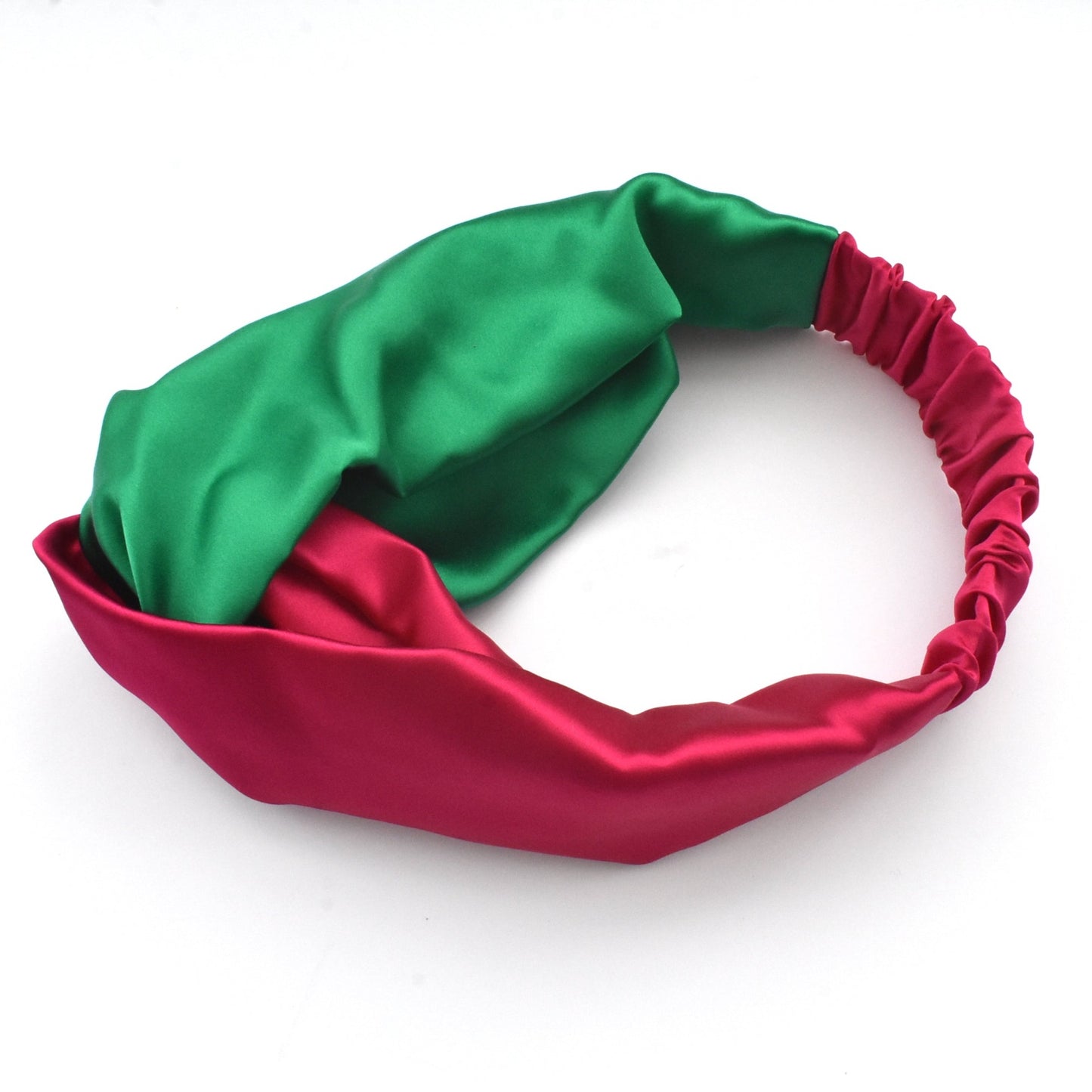 Green and Fuchsia Pink Split Twisted Turban hairband and neck scarf in Mulberry Silk - 100% pure silk satin