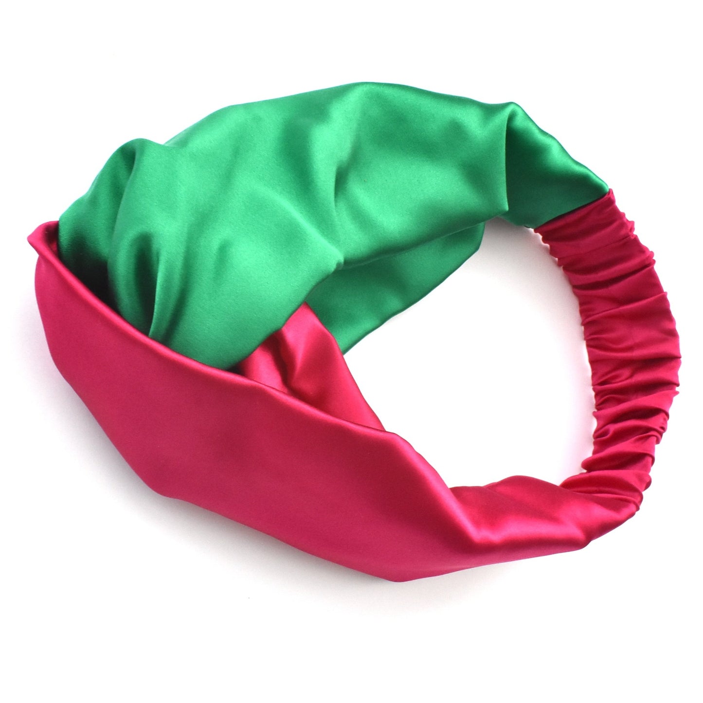 Green and Fuchsia Pink Split Twisted Turban hairband and neck scarf in Mulberry Silk - 100% pure silk satin
