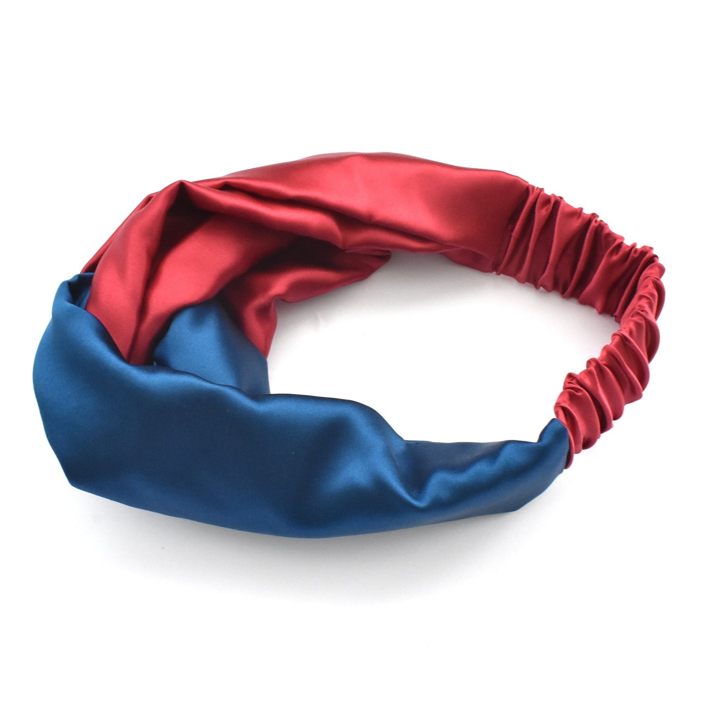 Blue & Red Split Twisted Turban hairband and neck scarf in Mulberry Silk - 100% pure silk satin