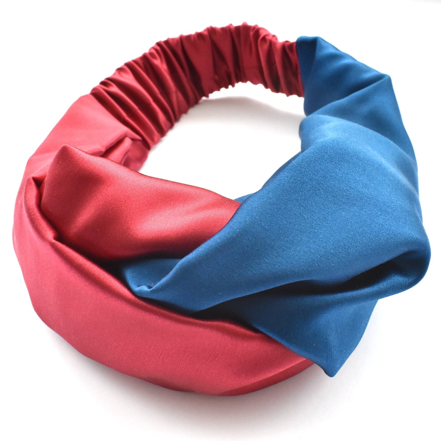 Blue & Red Split Twisted Turban hairband and neck scarf in Mulberry Silk - 100% pure silk satin
