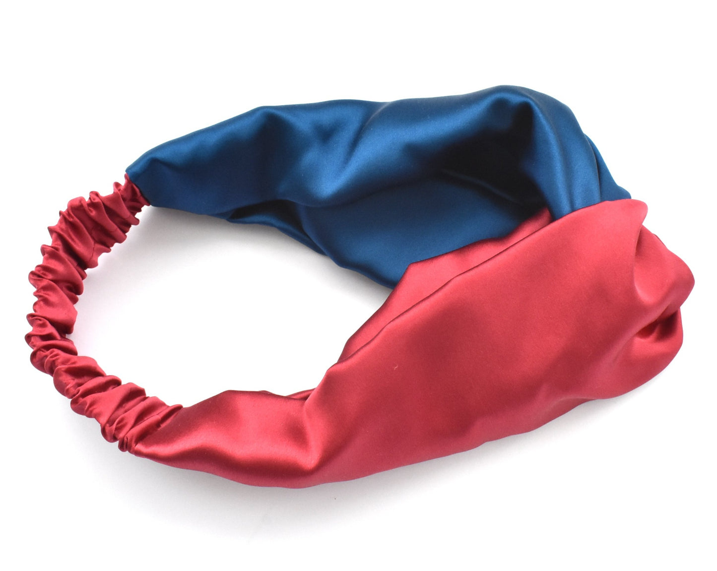 Blue & Red Split Twisted Turban hairband and neck scarf in Mulberry Silk - 100% pure silk satin