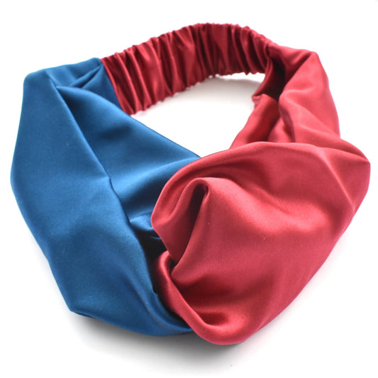 Blue & Red Split Twisted Turban hairband and neck scarf in Mulberry Silk - 100% pure silk satin