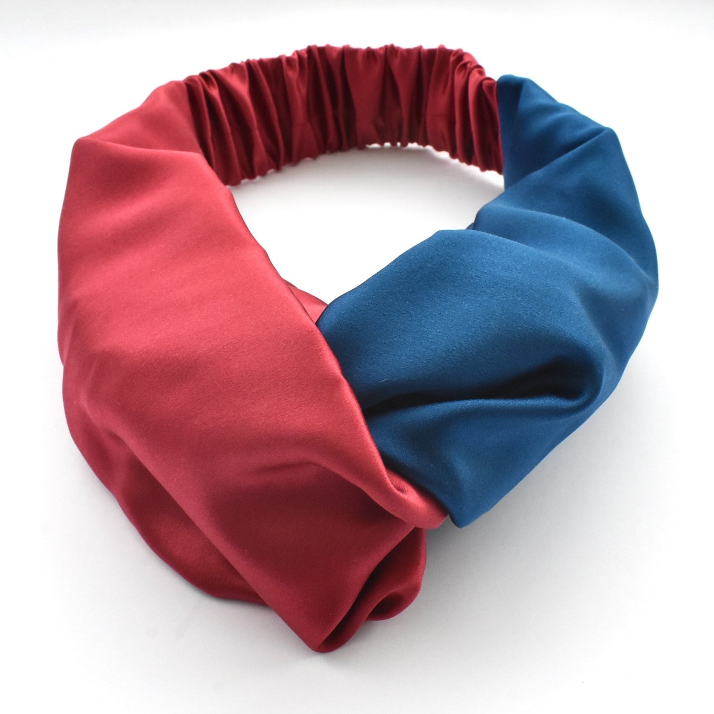 Blue & Red Split Twisted Turban hairband and neck scarf in Mulberry Silk - 100% pure silk satin