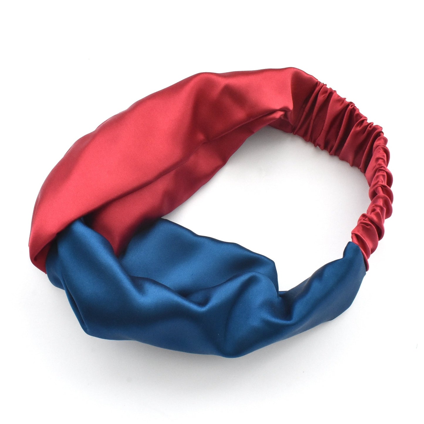Blue & Red Split Twisted Turban hairband and neck scarf in Mulberry Silk - 100% pure silk satin
