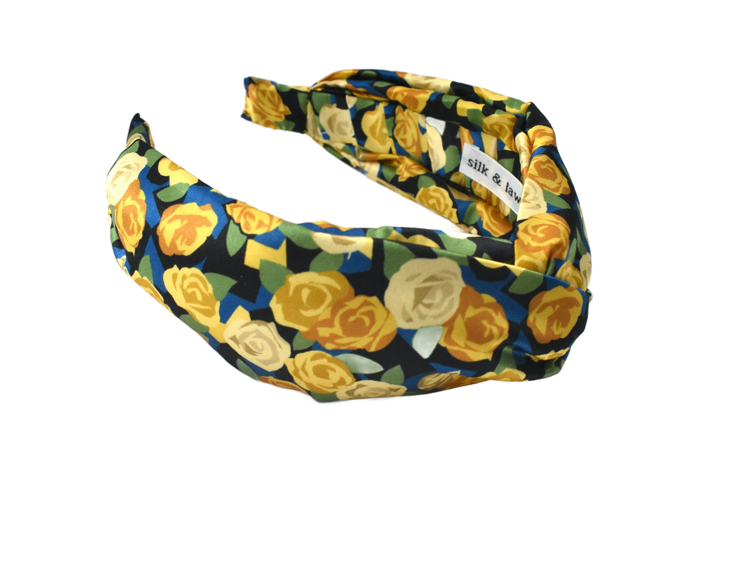 Silk Twisted Alice band - Liberty of London Stone Garden Yellow Rose 100% Silk Satin