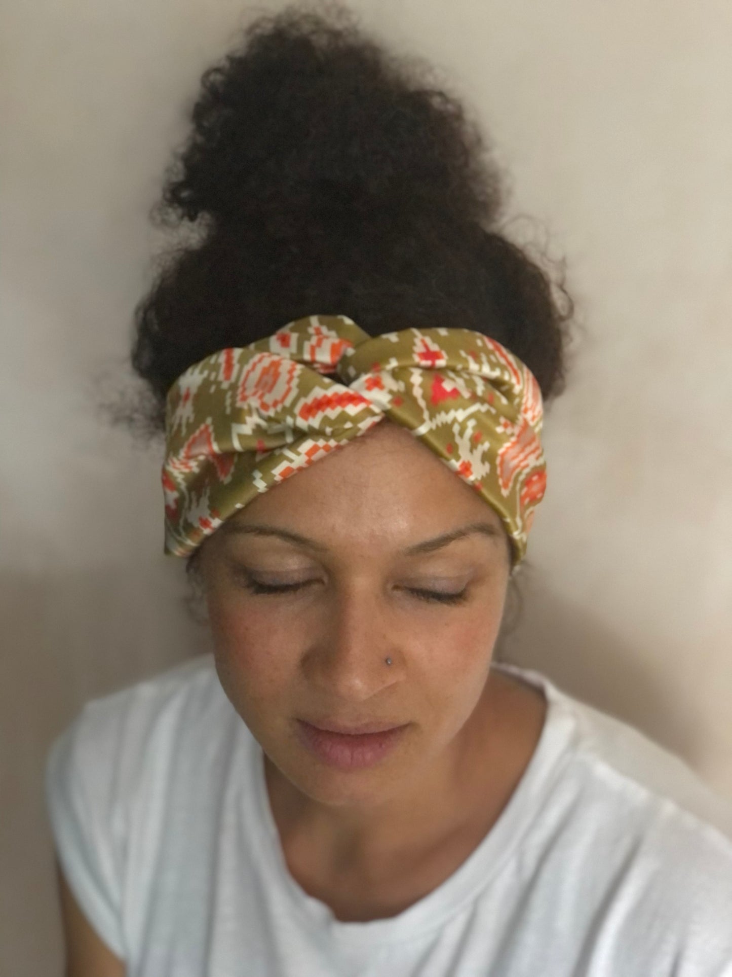 Silk Twisted Turban hairband and neck scarf in Liberty of London Gold Tapestry Hearts print - 100% pure silk satin