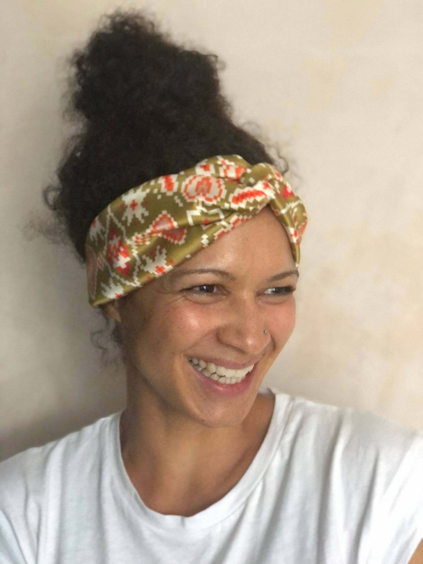 Silk Twisted Turban hairband and neck scarf in Liberty of London Gold Tapestry Hearts print - 100% pure silk satin