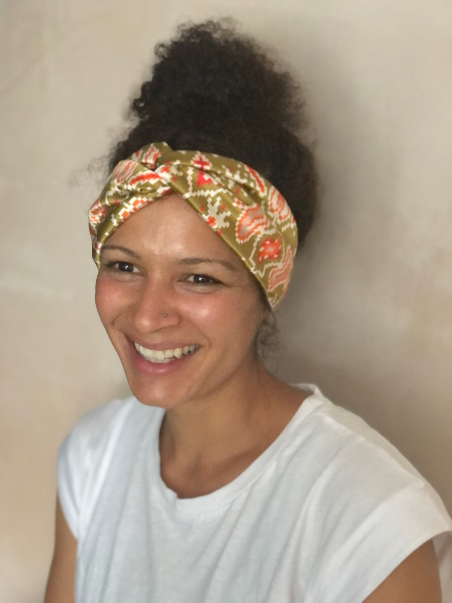 Silk Twisted Turban hairband and neck scarf in Liberty of London Gold Tapestry Hearts print - 100% pure silk satin