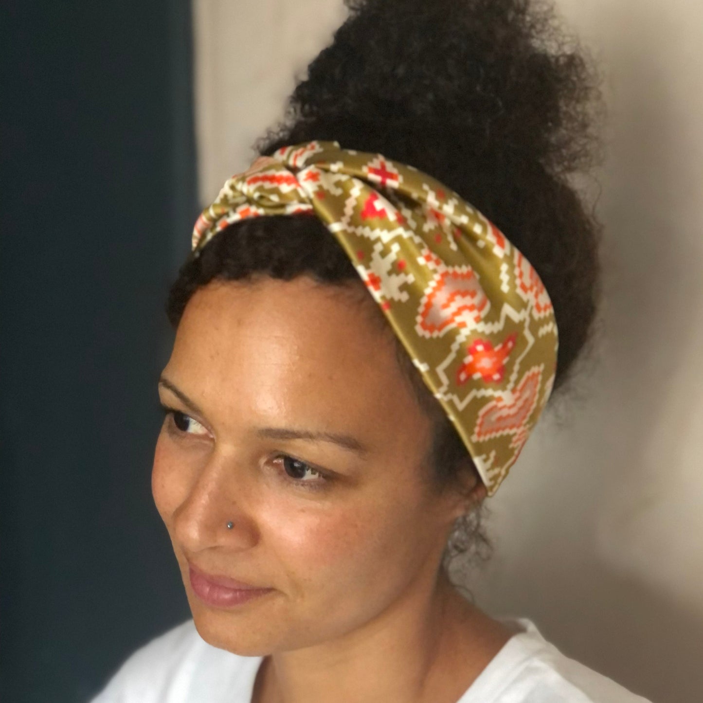 Silk Twisted Turban hairband and neck scarf in Liberty of London Gold Tapestry Hearts print - 100% pure silk satin