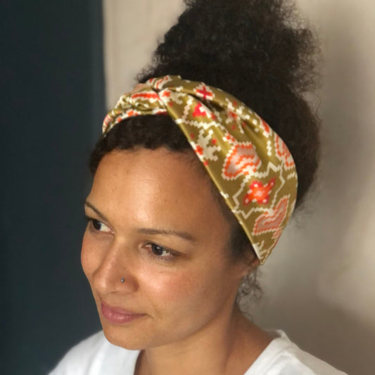Silk Twisted Turban hairband and neck scarf in Liberty of London Gold Tapestry Hearts print - 100% pure silk satin