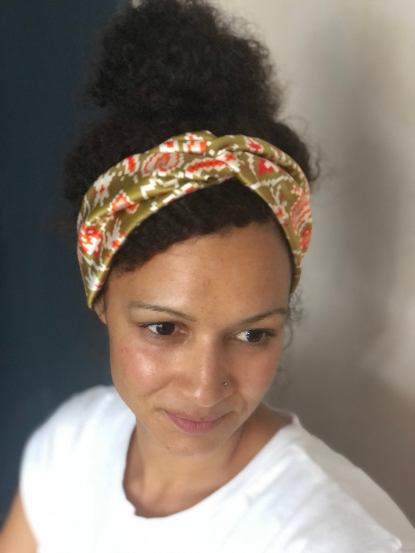 Silk Twisted Turban hairband and neck scarf in Liberty of London Gold Tapestry Hearts print - 100% pure silk satin