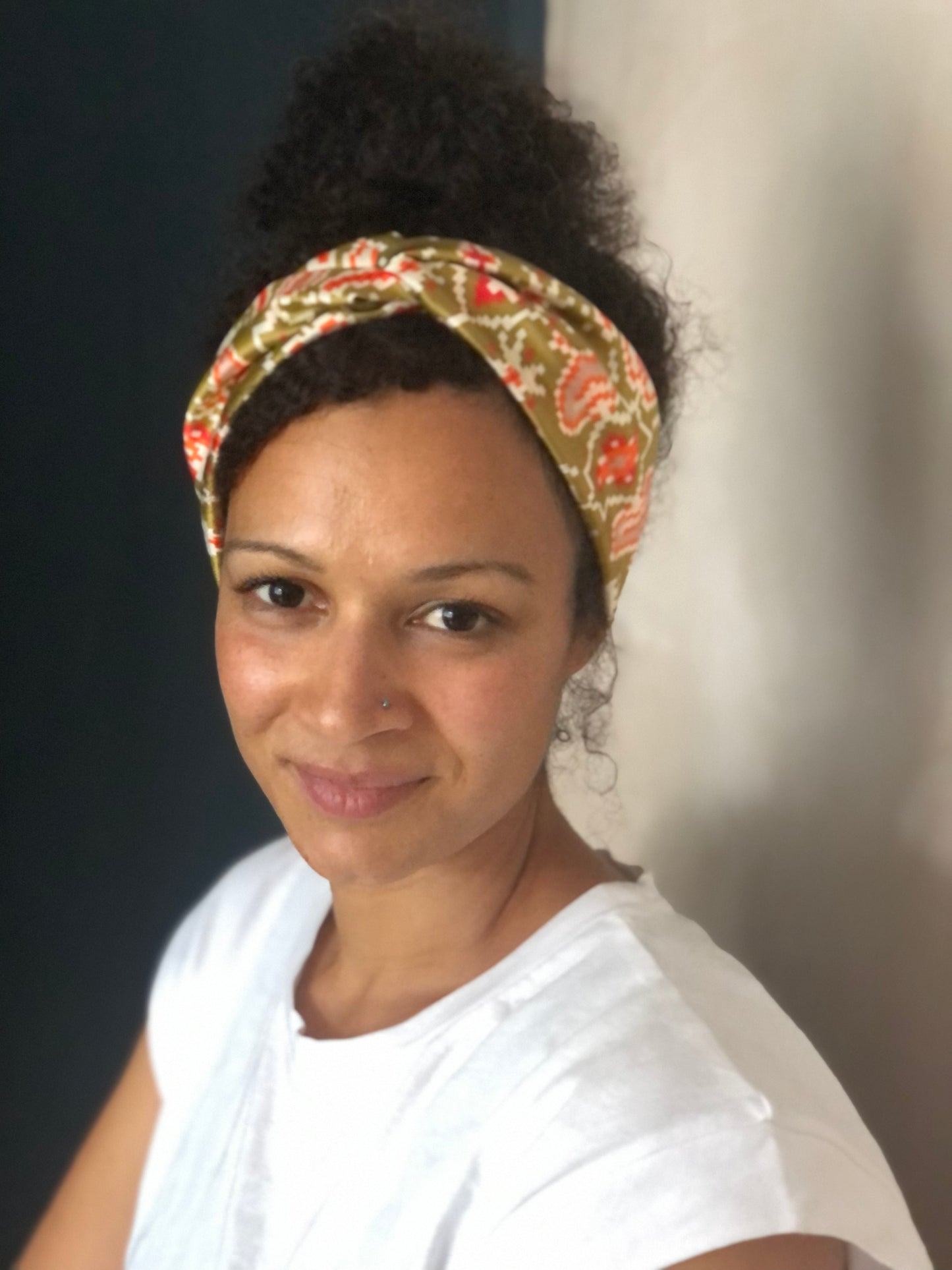 Silk Twisted Turban hairband and neck scarf in Liberty of London Gold Tapestry Hearts print - 100% pure silk satin