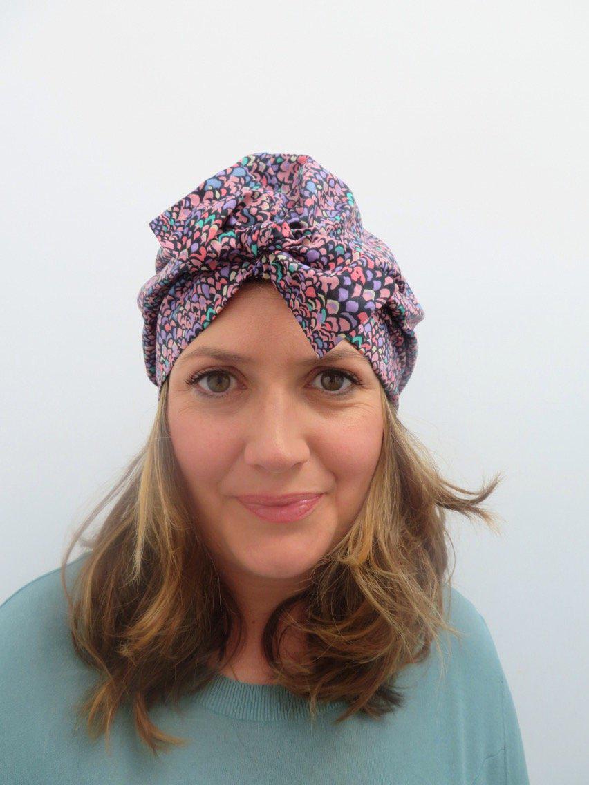 Ladies Turban Hat - Purple Feather Lantana Adriatic Liberty of London print