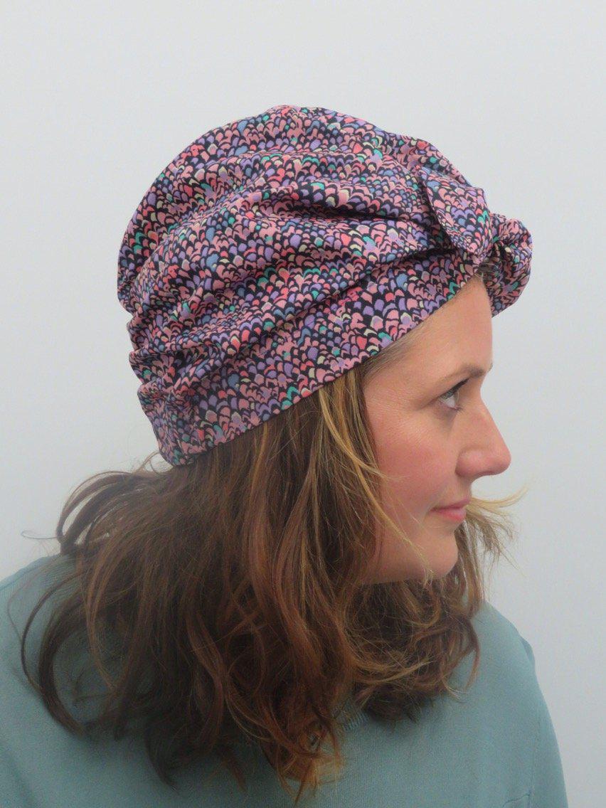 Ladies Turban Hat - Purple Feather Lantana Adriatic Liberty of London print