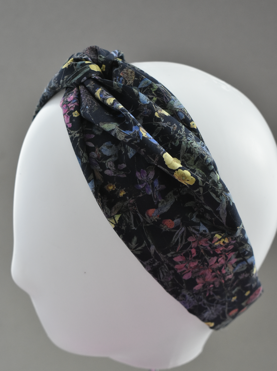 Ladies Twisted Turban Headband - Liberty of London Wild Flowers in Black