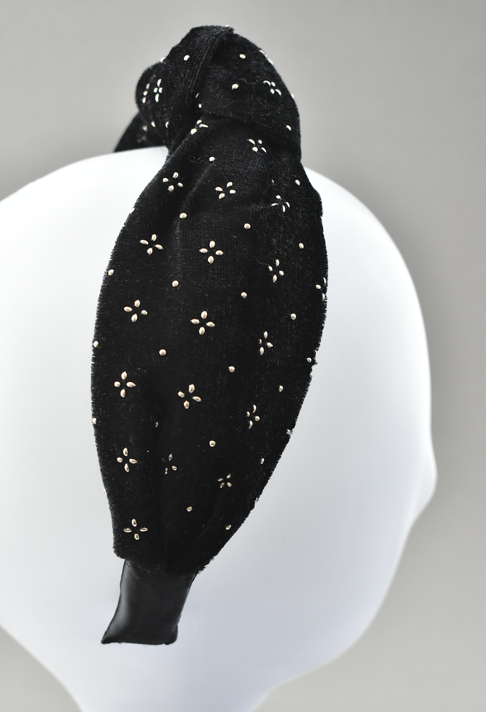 Classic Knot headband - Black Velvet studded with geometric gold metallic - Tot Knots of Brighton