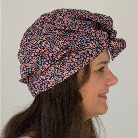 Ladies Turban Hat - Purple Feather Lantana Adriatic Liberty of London print