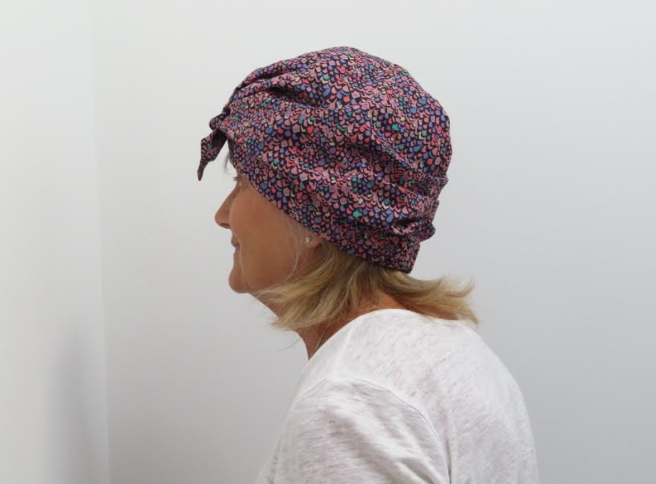 Ladies Turban Hat - Purple Feather Lantana Adriatic Liberty of London print