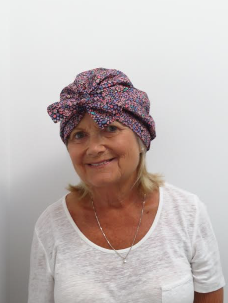Ladies Turban Hat - Purple Feather Lantana Adriatic Liberty of London print
