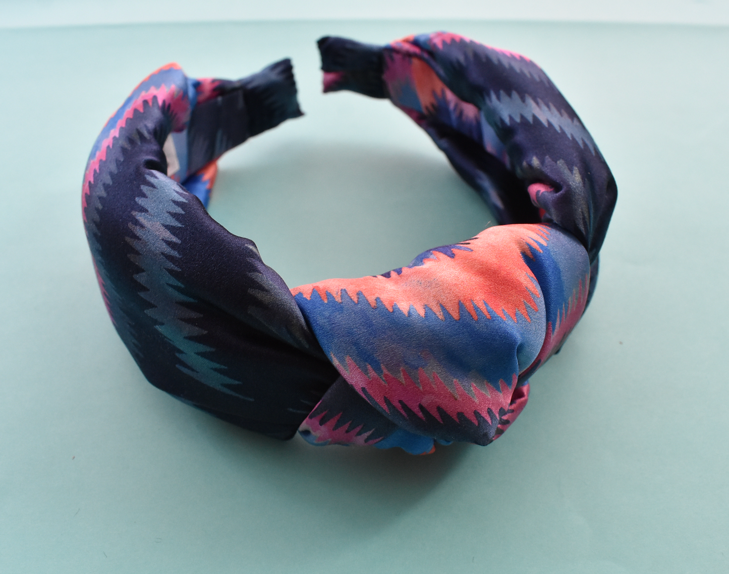 Luxury Silk Knot Alice band - Liberty of London Artist Geo Jewel Silk Satin blue and pink ikat printed silk