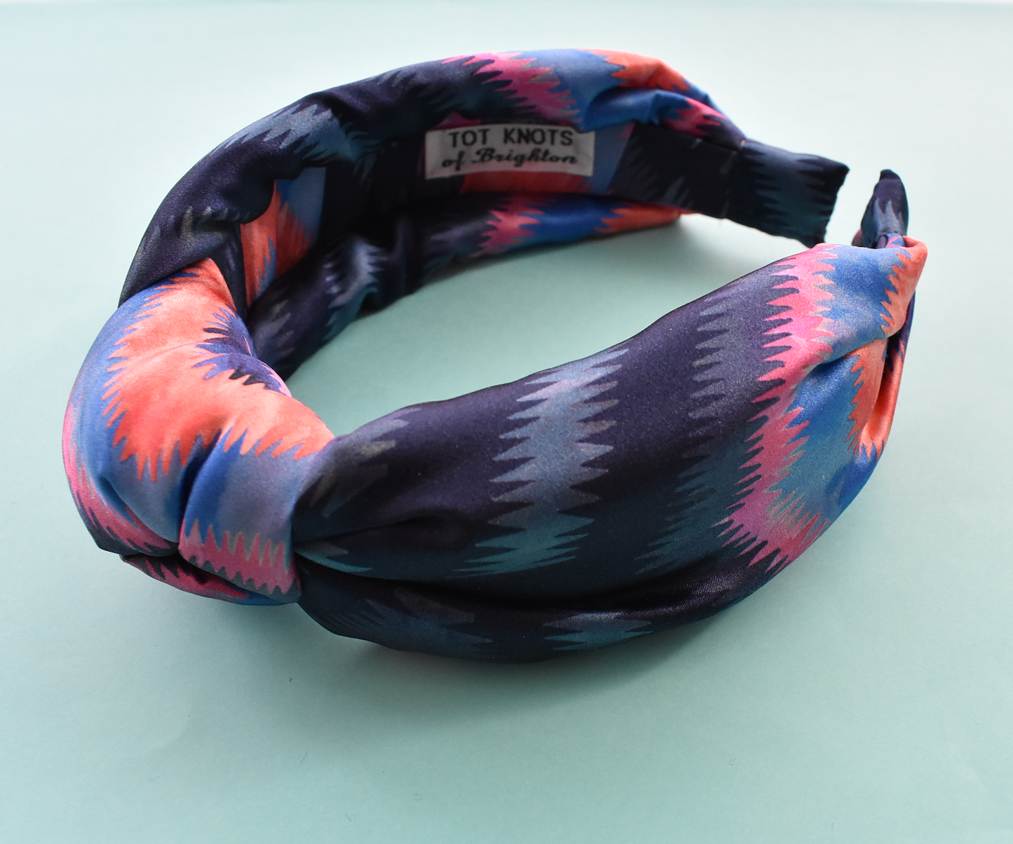 Luxury Silk Knot Alice band - Liberty of London Artist Geo Jewel Silk Satin blue and pink ikat printed silk