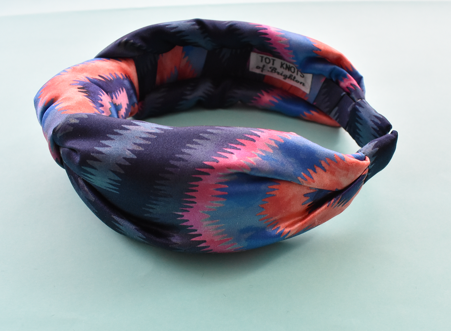 Luxury Silk Knot Alice band - Liberty of London Artist Geo Jewel Silk Satin blue and pink ikat printed silk
