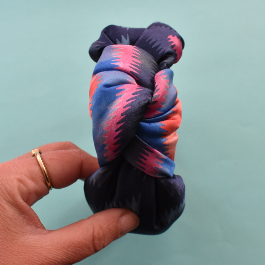 Luxury Silk Knot Alice band - Liberty of London Artist Geo Jewel Silk Satin blue and pink ikat printed silk
