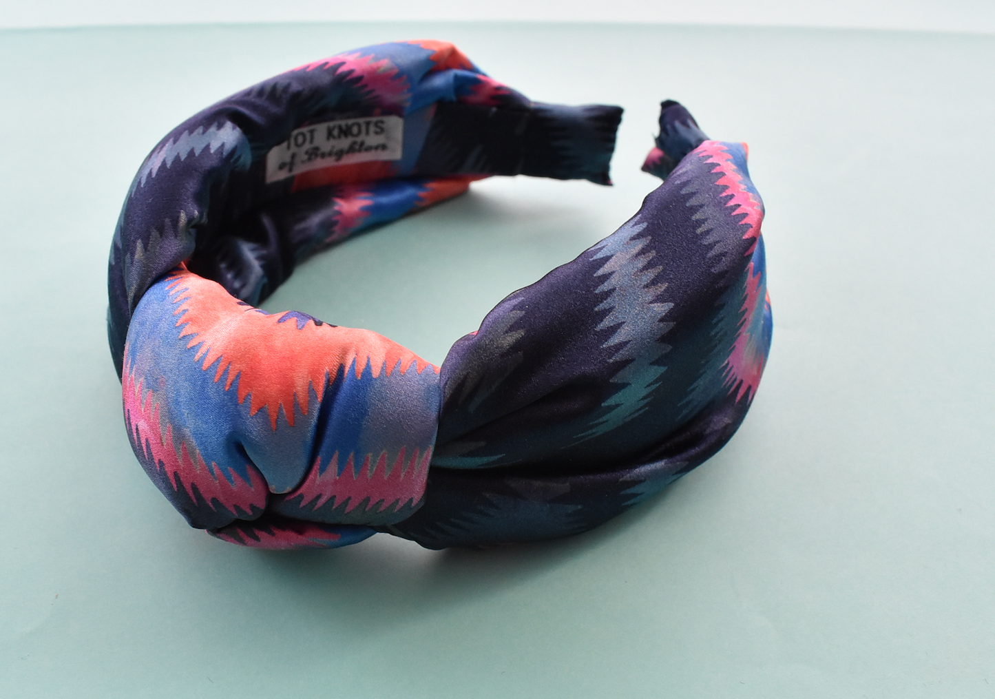 Luxury Silk Knot Alice band - Liberty of London Artist Geo Jewel Silk Satin blue and pink ikat printed silk