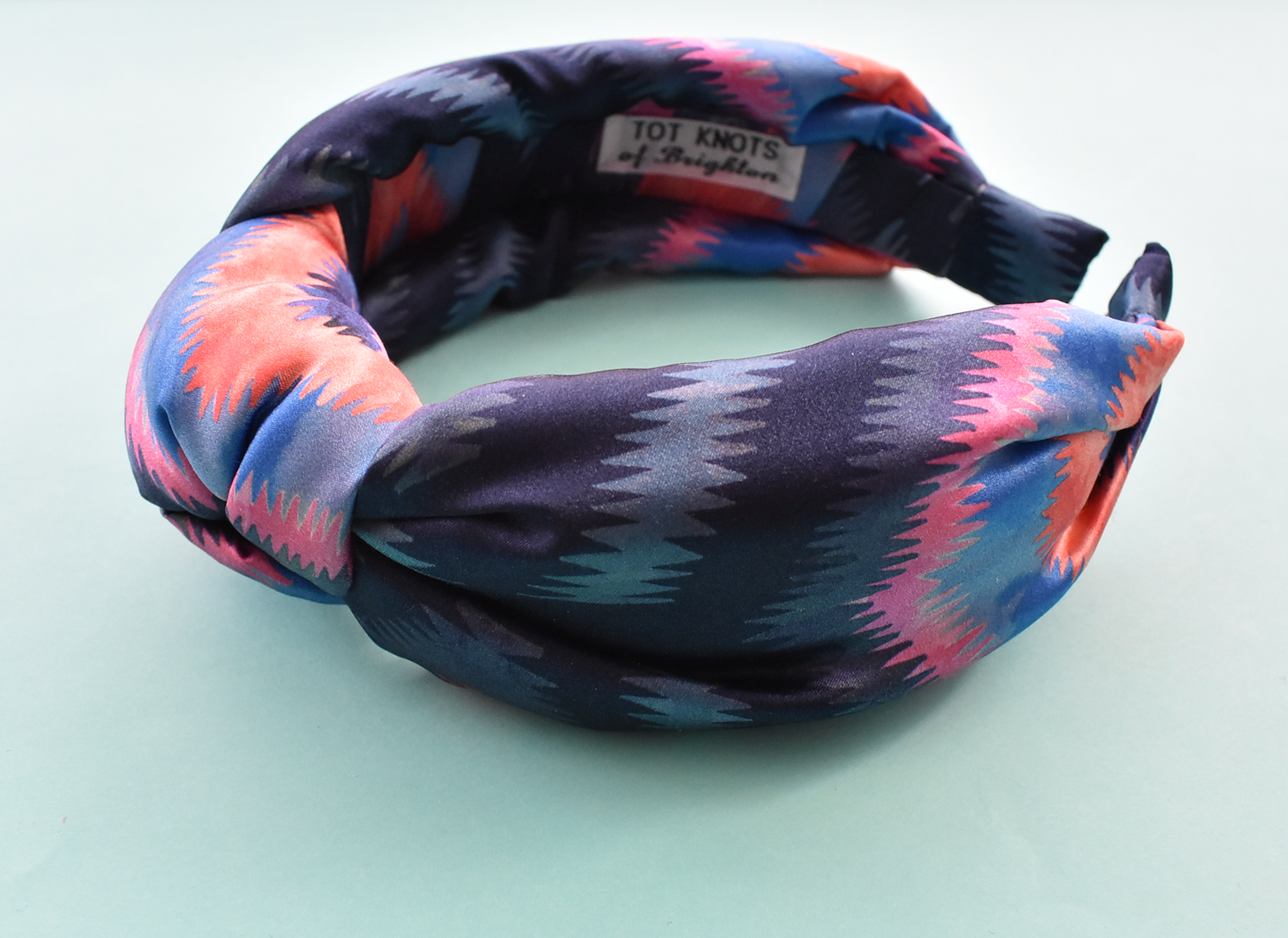 Luxury Silk Knot Alice band - Liberty of London Artist Geo Jewel Silk Satin blue and pink ikat printed silk