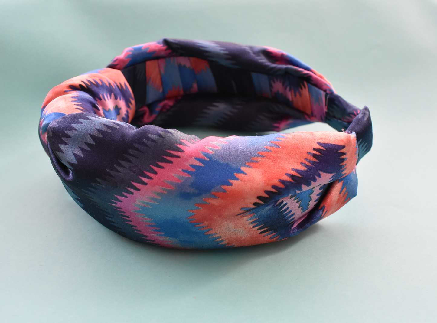 Luxury Silk Knot Alice band - Liberty of London Artist Geo Jewel Silk Satin blue and pink ikat printed silk