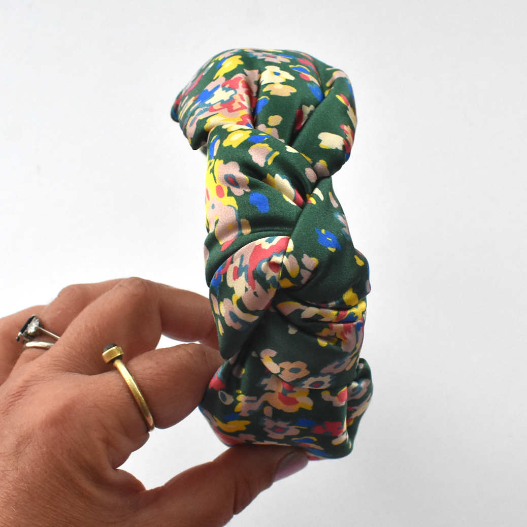 Luxury Silk Knot Alice band - in iconic Liberty Silk Satin Green Paisley Flowers